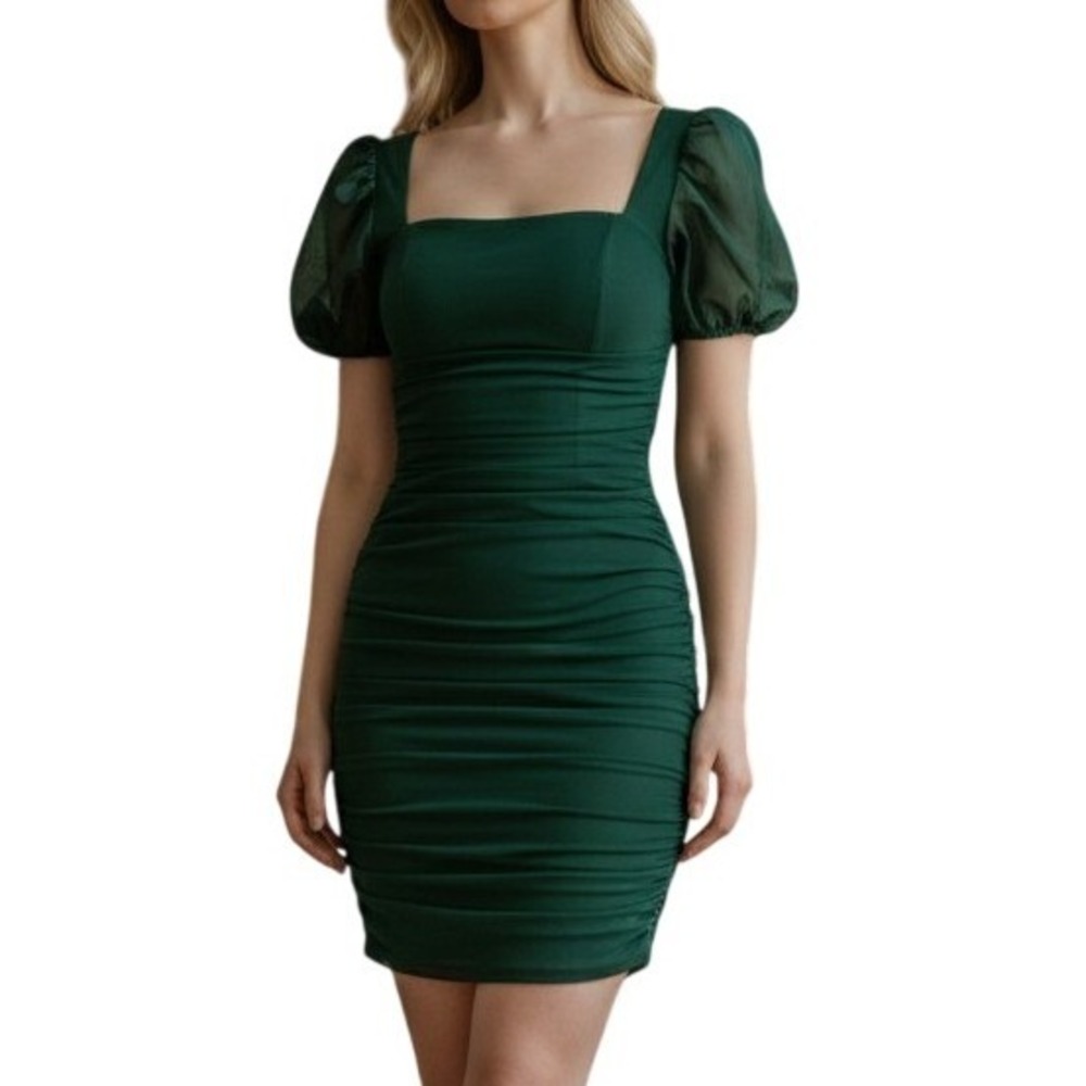 Missguided Ruched Mesh Mini Dress 8 Green Puff Sleeve Bodycon Cocktail NWT